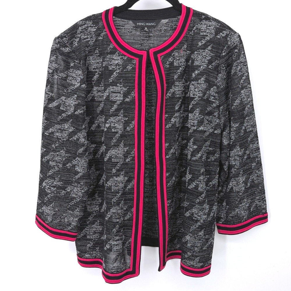 Ming Wang Knit Jacket Women XL Black Pink Houndstooth Open Front 3/4 Sleeve
